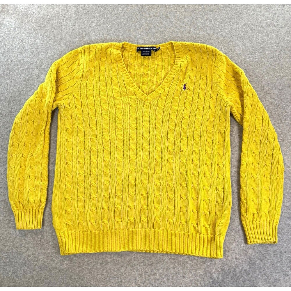 Ralph Lauren Sport Bright Yellow Cable-Knit V-Neck 100% Cotton Logo XL Preppy